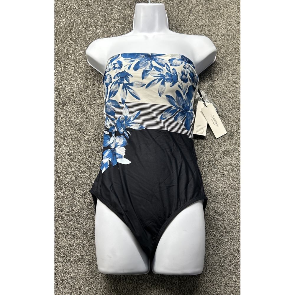 Calvin Klein Women Swimsuit One Piece Floral Stripe Blue Black Size 8 CG0MJ501